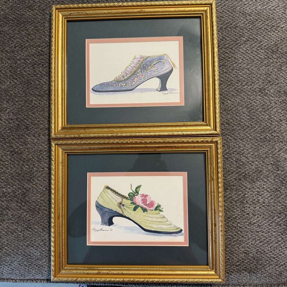 Vtg Peggy Abrams Boudoir’s Framed Watercolor Art Prints Victorian‎ Shoes Set